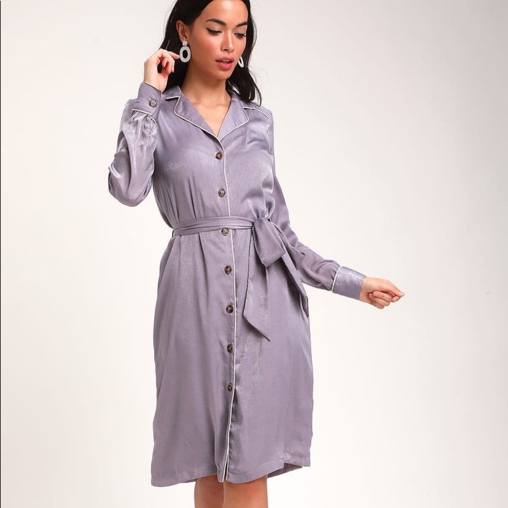 NWT- Lulus Lavender Satin Midi Shirt Dress - Picture 1 of 8
